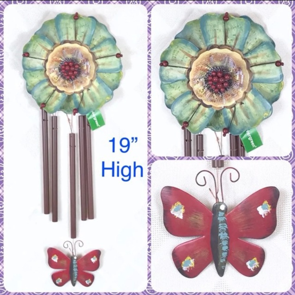 NEW 19” Long Hand Painted Flower Metal BOHO WIND CHIME Windchime Wall Decor